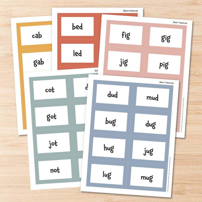 Set of CVC word list printable cards on a desk.