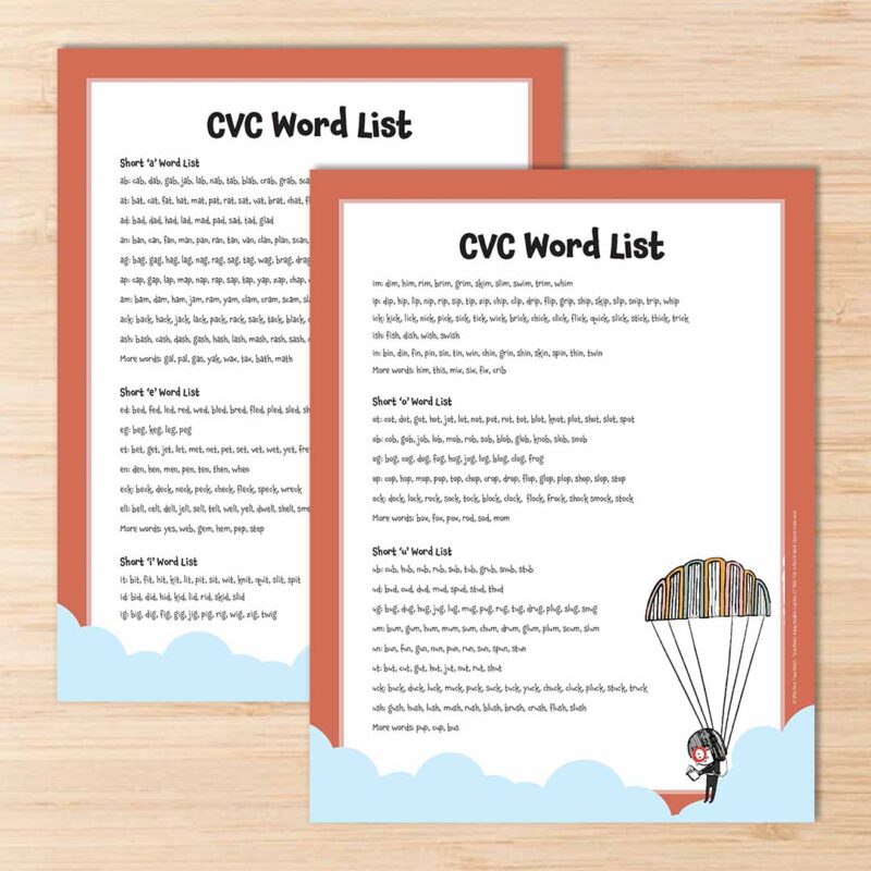 Two printable CVC word list on a desk.