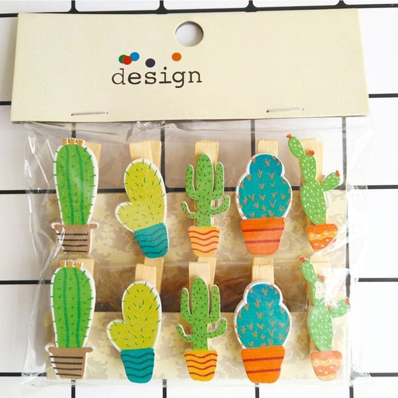 Colorful collection of wooden cactus-themed clothespins