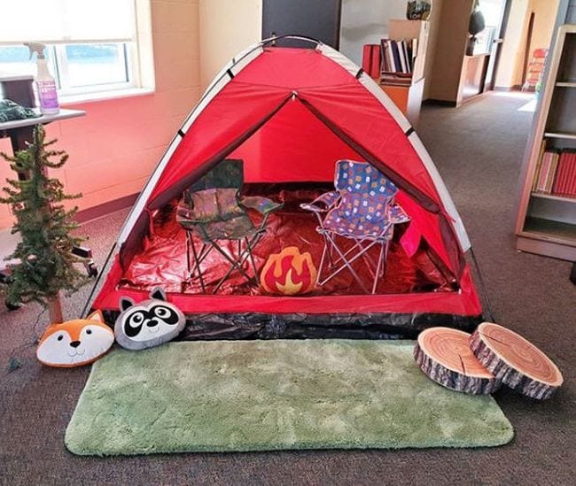 Campground-themed Calm Down Corner with red tent 