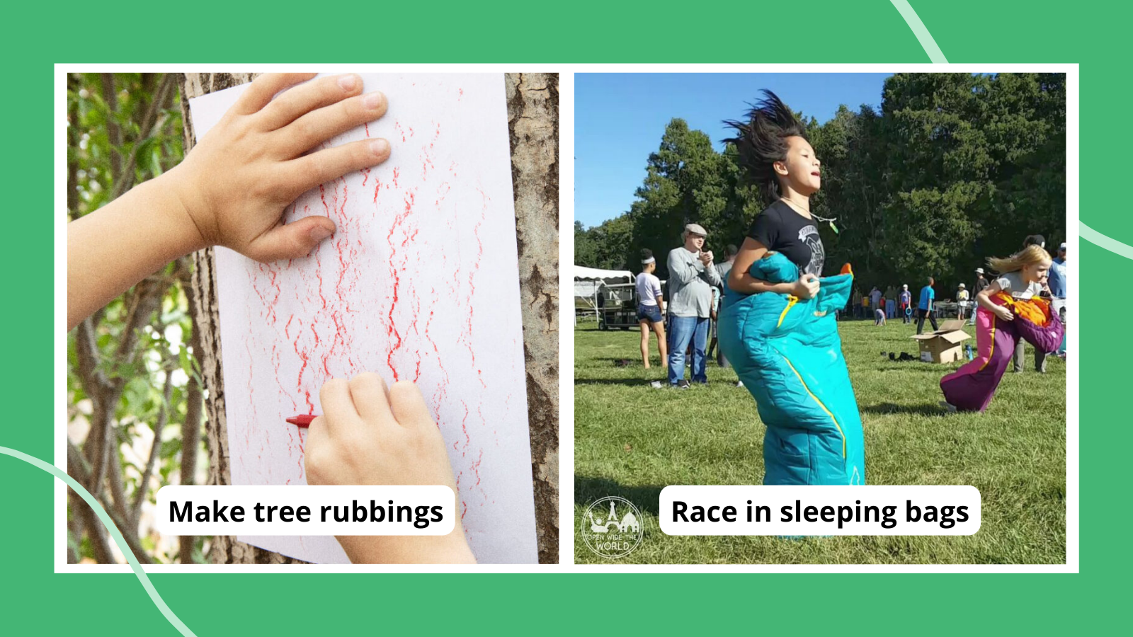 Camping activities for kids, including making tree rubbings and having a sleeping bag race.