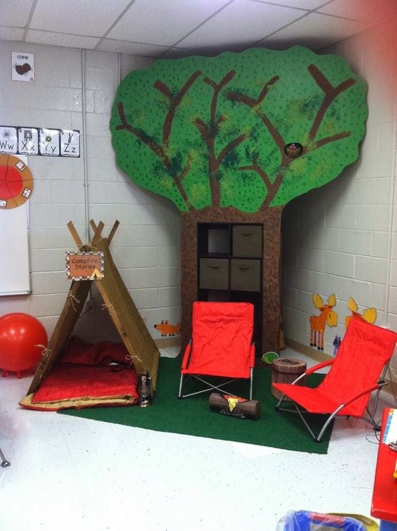 Tree, tent, and camping chairs for classroom theme