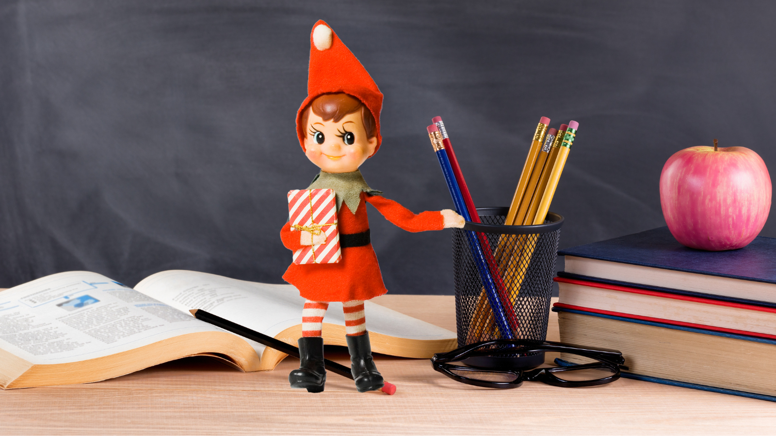 Photo of an Elf on the Shelf in the classroom