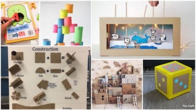 Six Separate Images of Cardboard Activities from Dice to Houses.