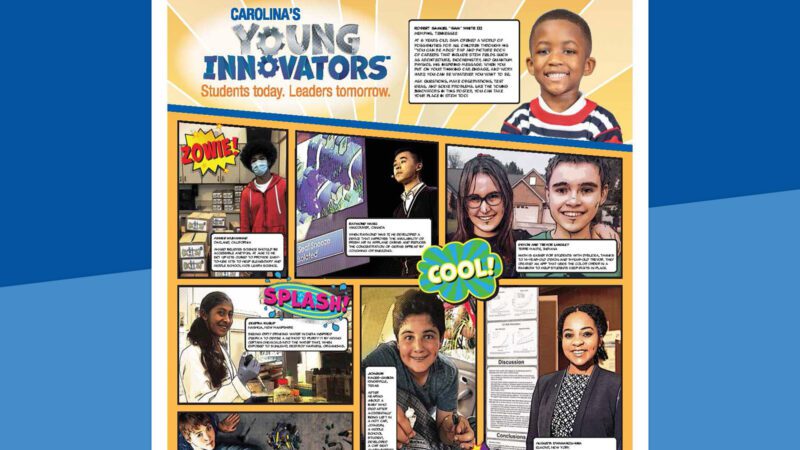 Young innovators poster on a blue background.
