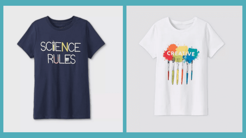 Navy Science Rules T-Shirt and a white shirt with different colored paintbrushes hanging from the words creative