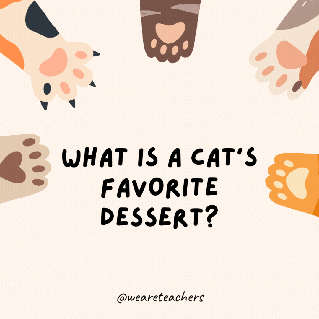 What is a cat’s favorite dessert?