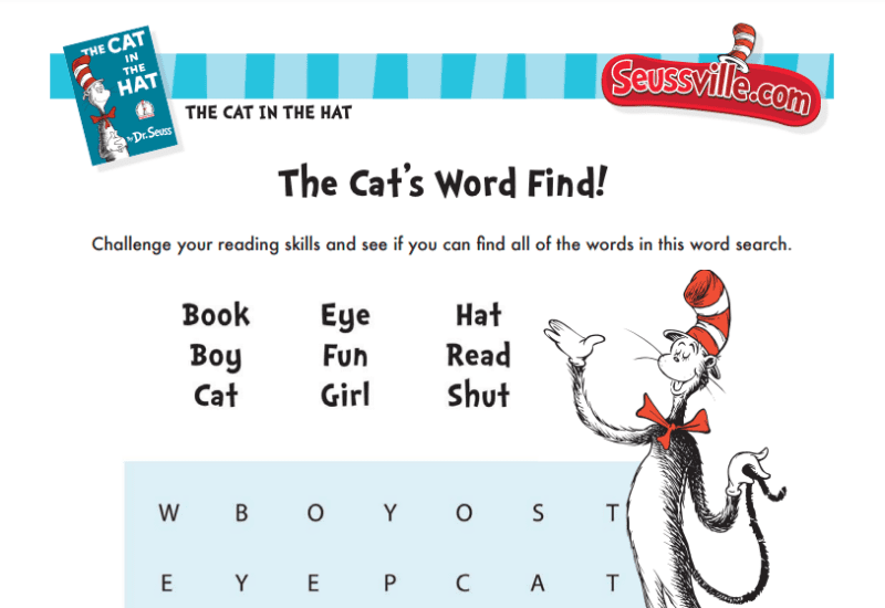 Cat in the Hat word search worksheet