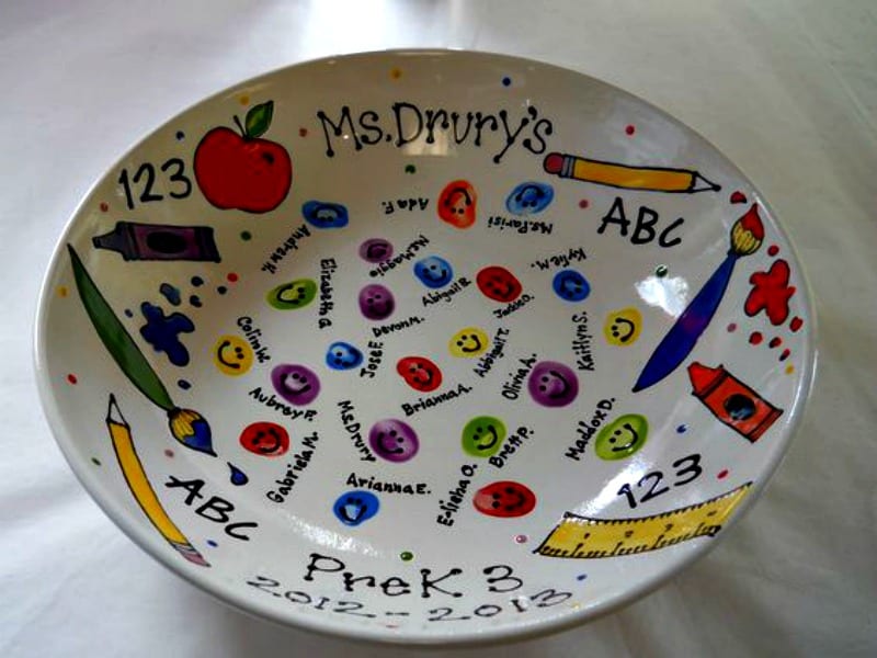 art auction ideas- a decorative bowl with fingerprints and student names in paint