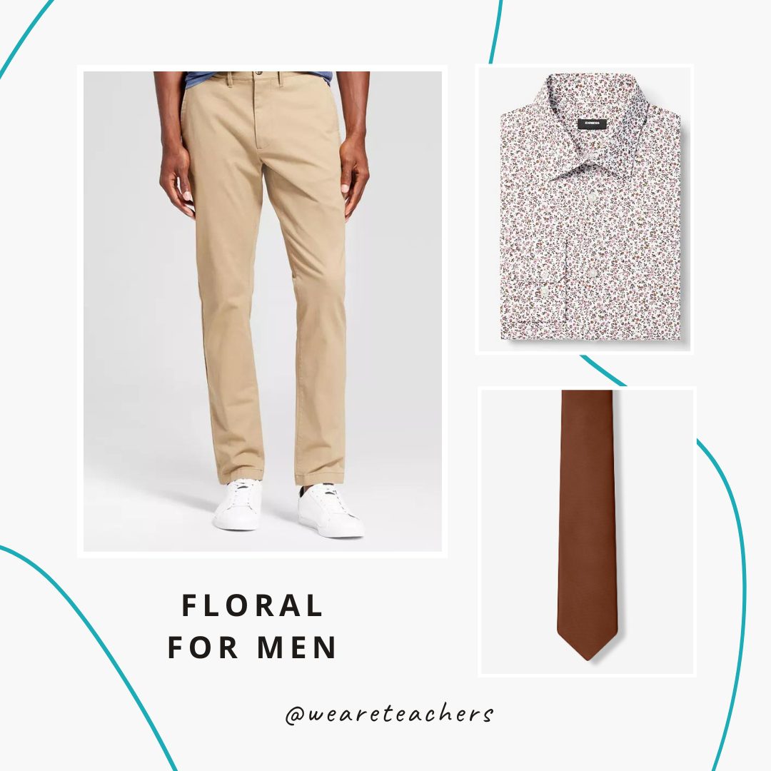 Khaki pants, floral shirt and rust colored tie.