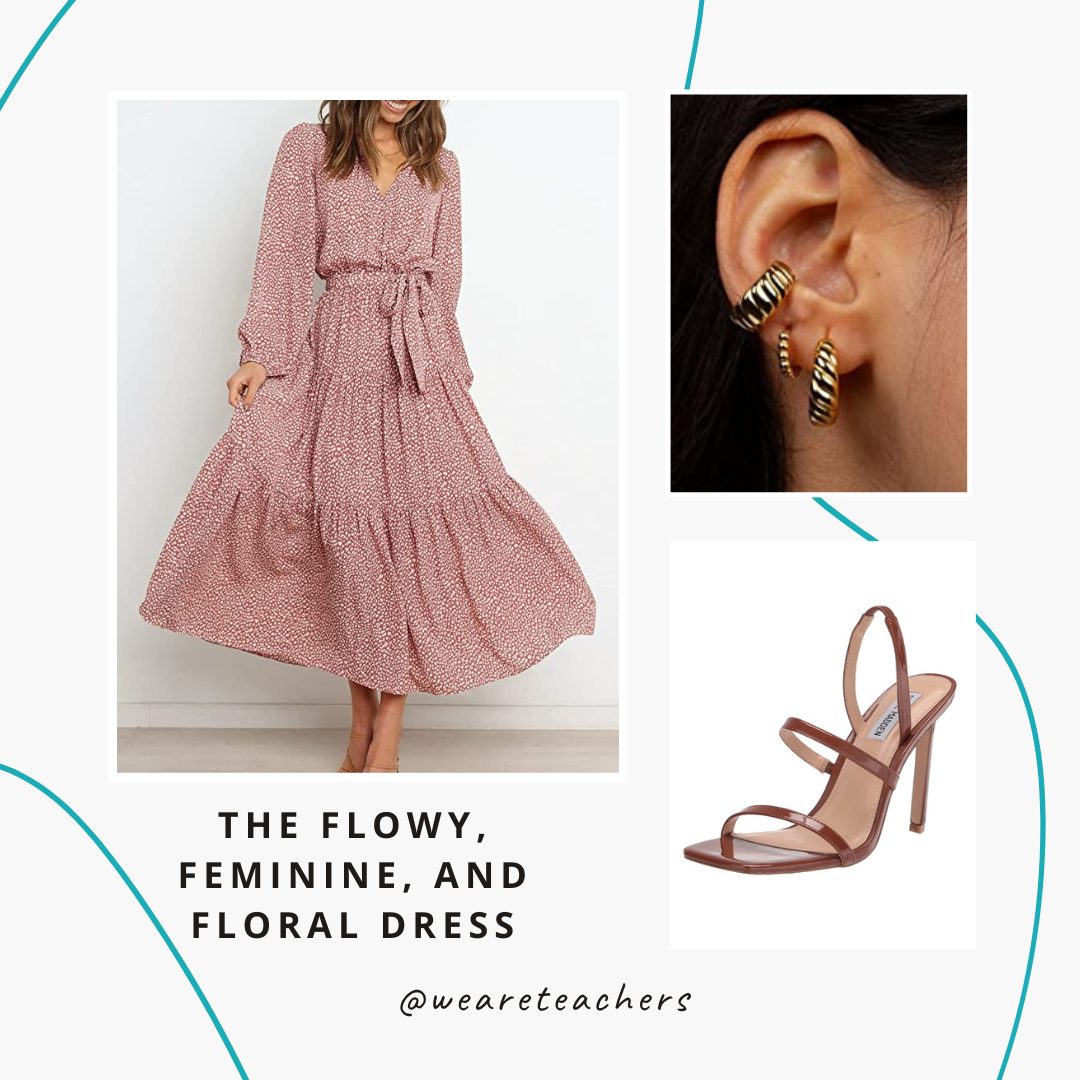Pink flowy dress, gold earrings and brown heels.