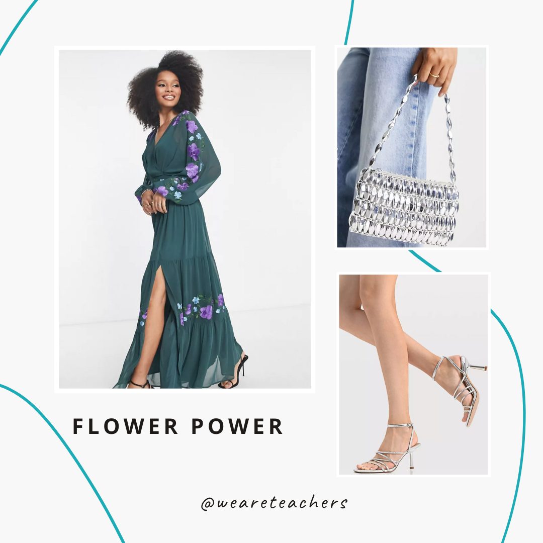 Emerald flowy dress, sequin purse and heels.