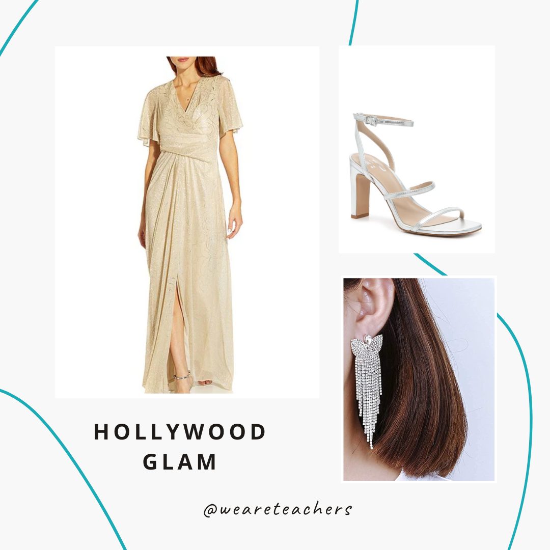 A gold long dress, silver heels and long silver earrings.
