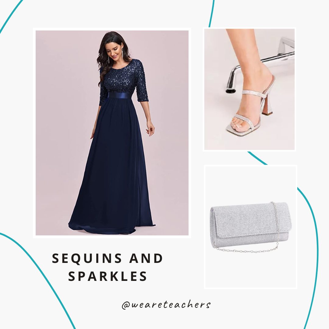 Navy blue dress, silver heels and silver clutch.- teacher prom dresses