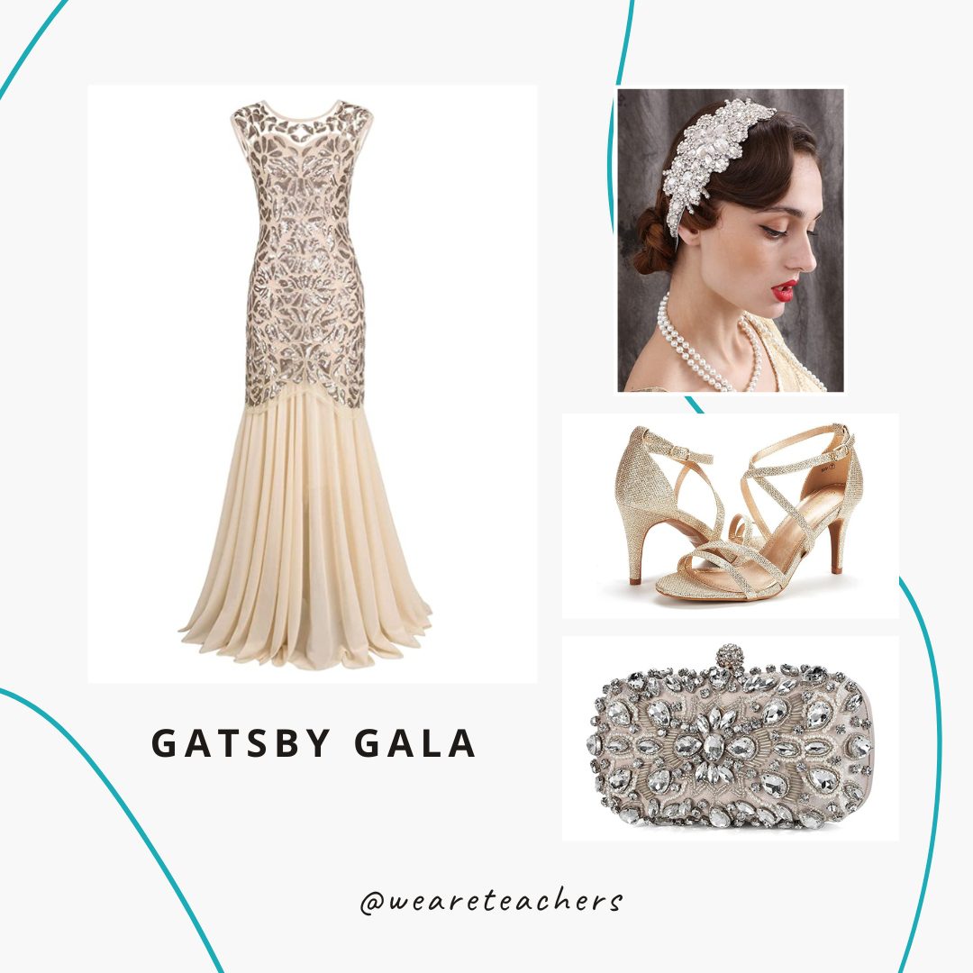 A gatsby dress, diamond headband, gold heels and a silver clutch.