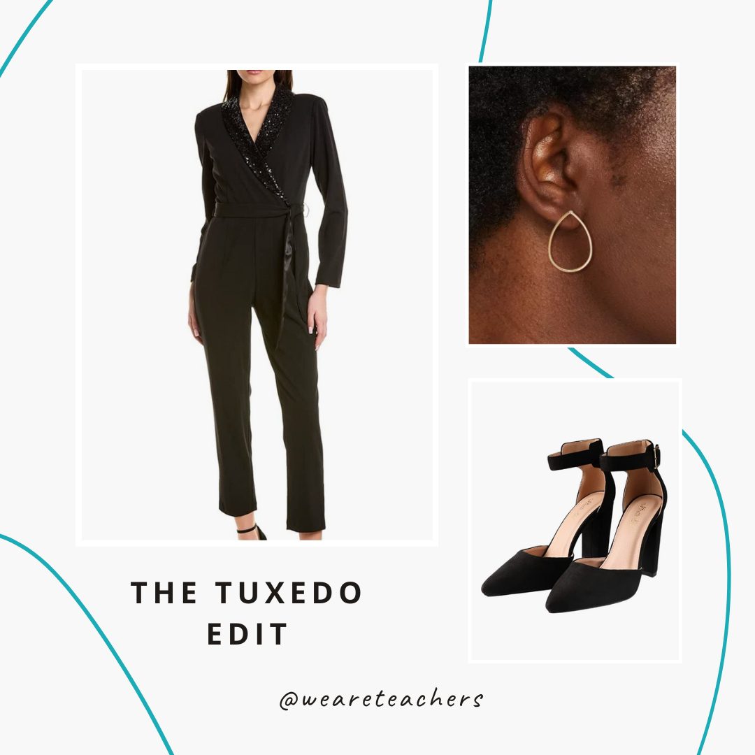 Black jumpsuit, gold earring and black heels.