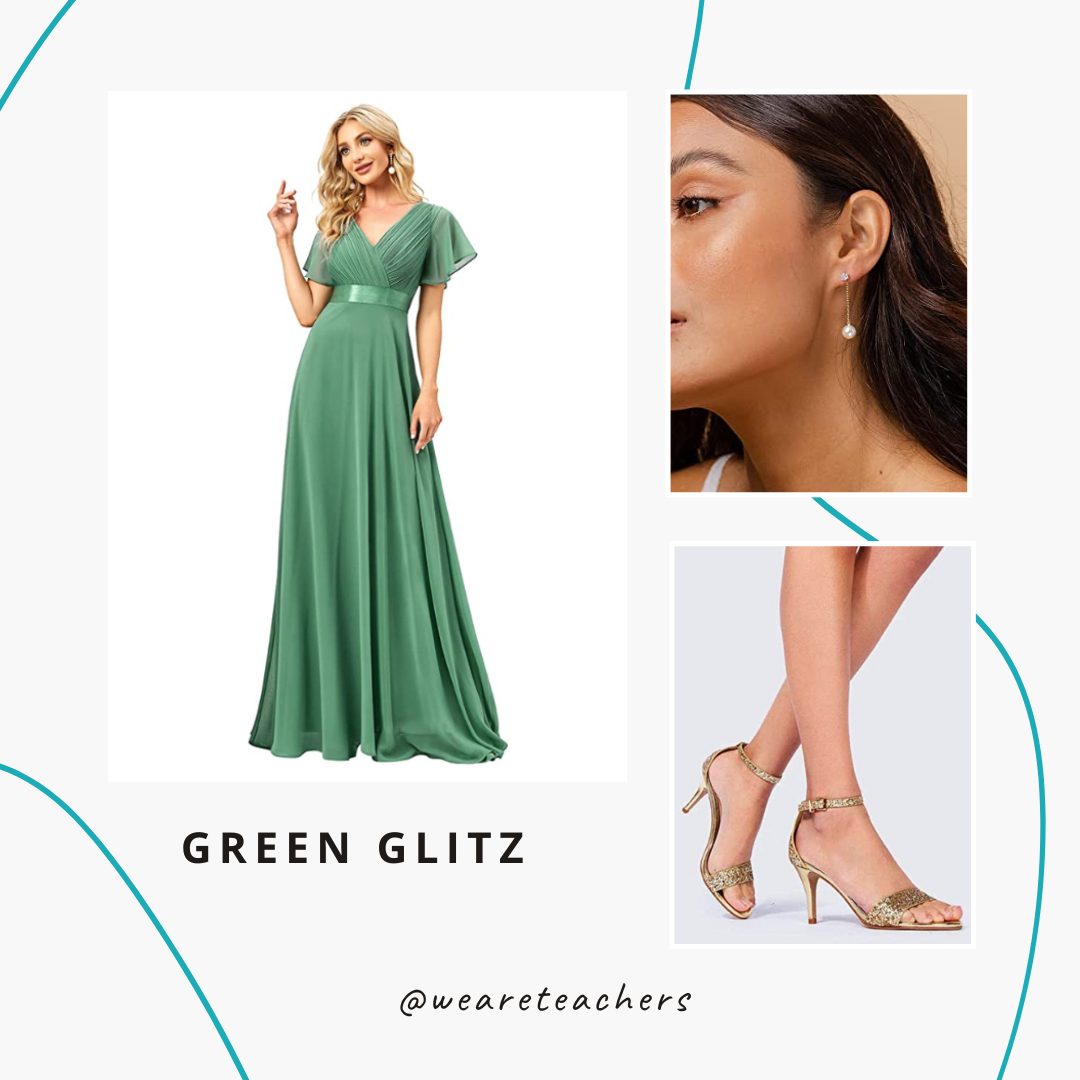 A long emerald green dress, earrings and silver heels.