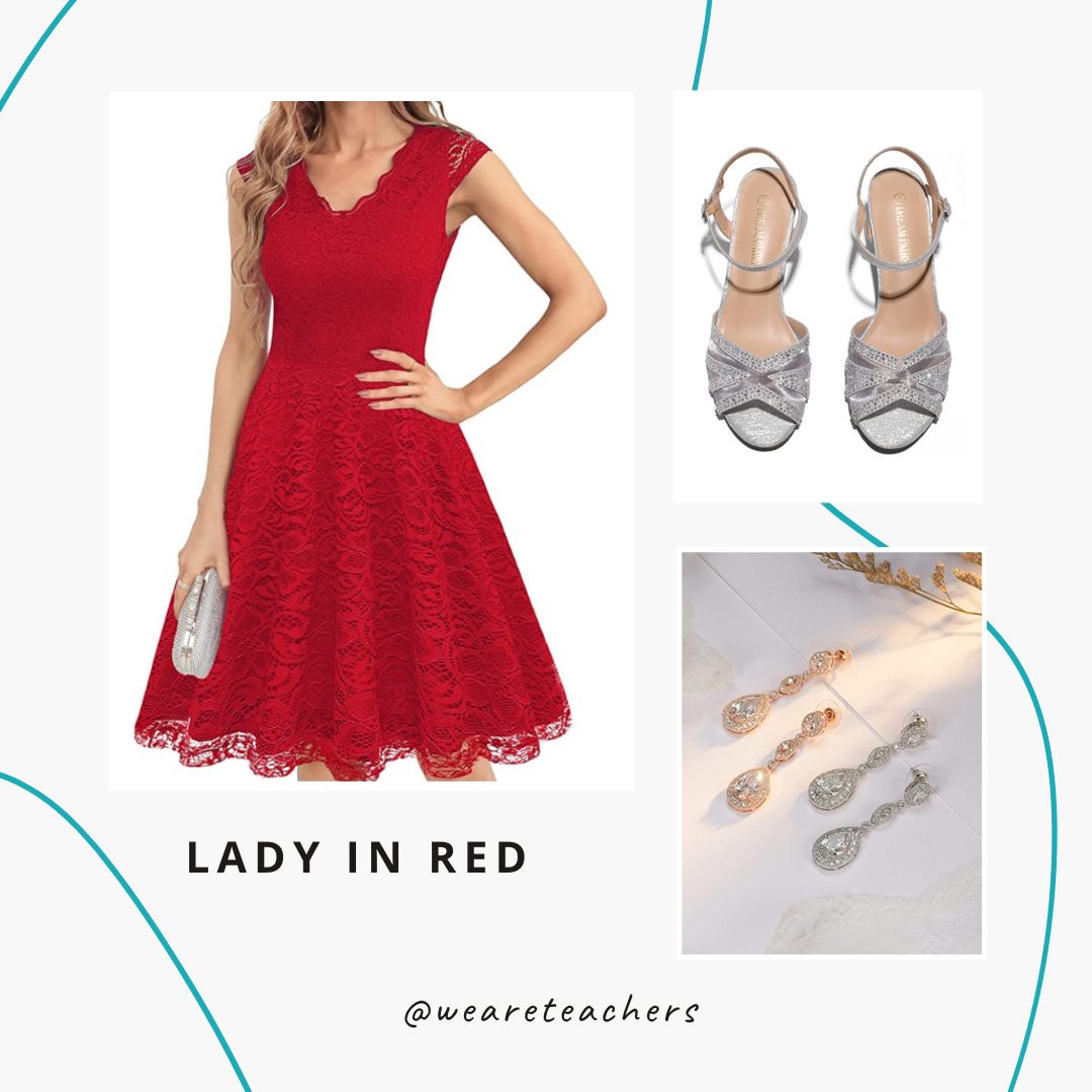 Short red dress, silver heels and diamond earrings.