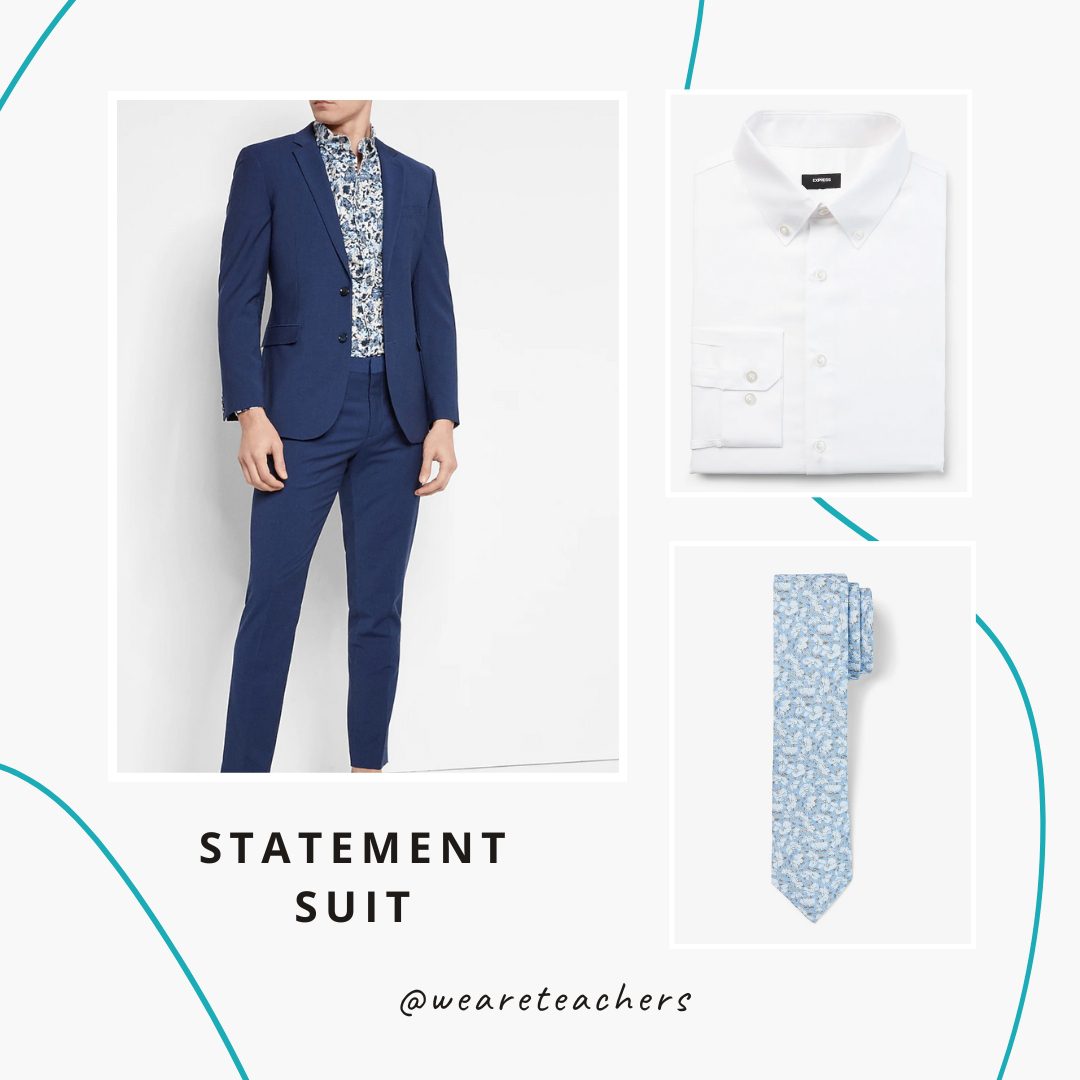 Navy suit, white tailored shirt and a light-blue floral tie.