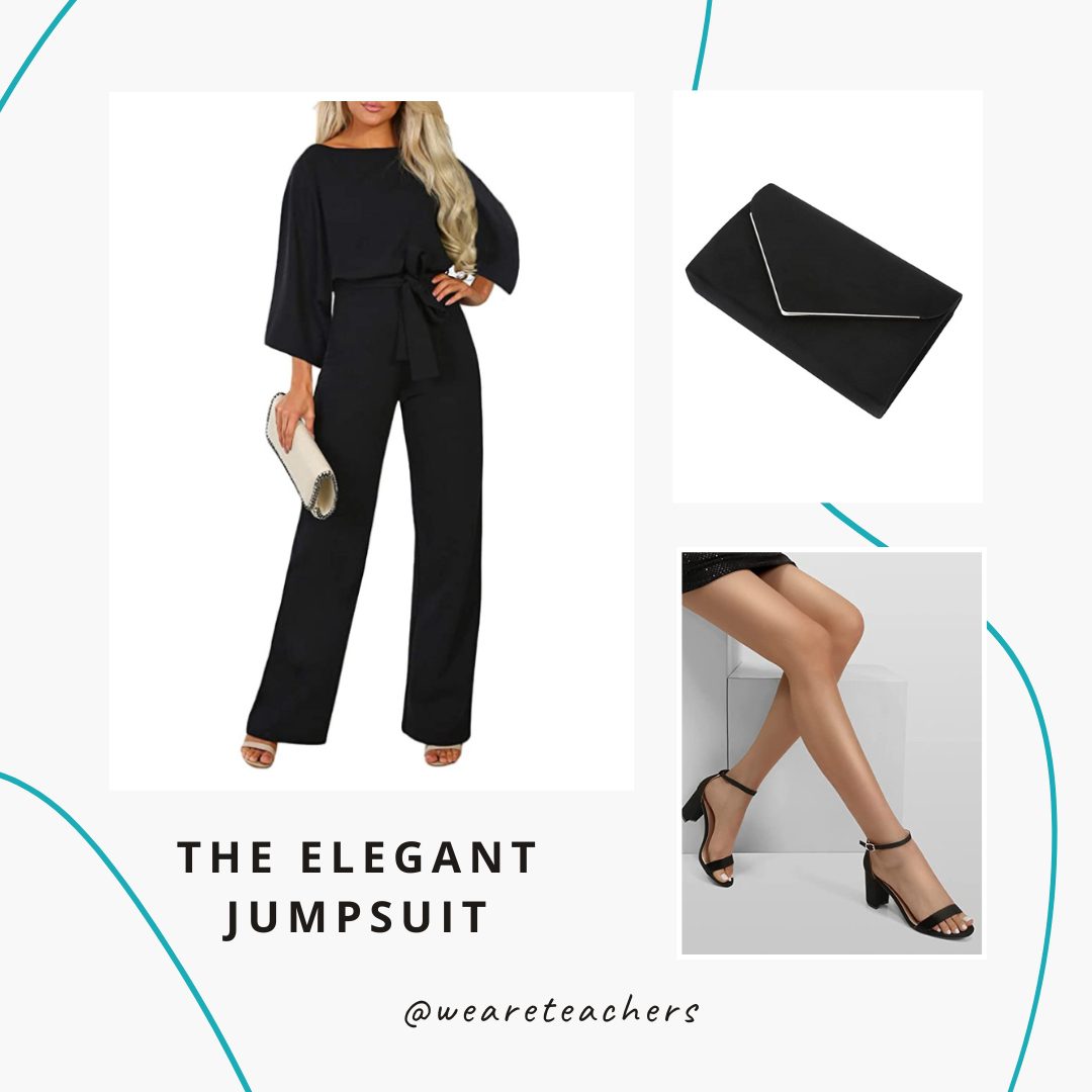 Black jumpsuit with a black clutch and black heels.