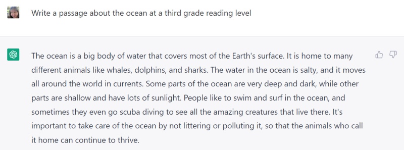 Paragraph about the ocean written at a third grade level by ChatGPT (ChatGPT for teachers)