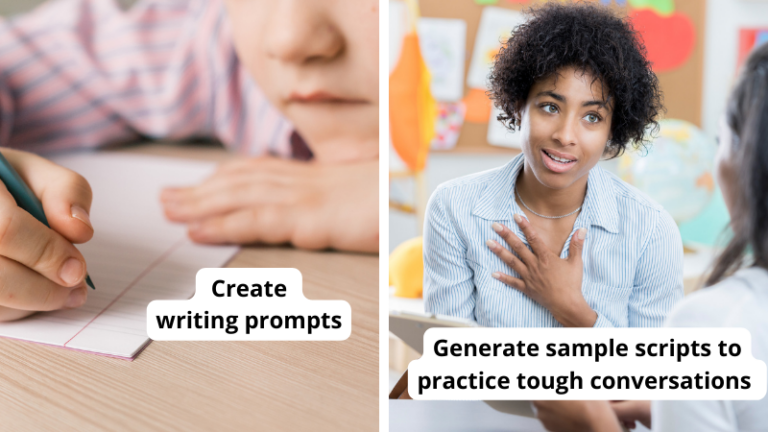 Examples of ways teachers can use ChatGPT, including a child writing with writing prompts created by ChatGPT and a teacher having a tough conversation with a parent that she practiced with scripts generated by ChatGPT.