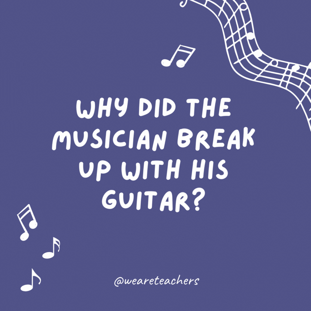 Why did the musician break up with his guitar?

There were too many strings attached.