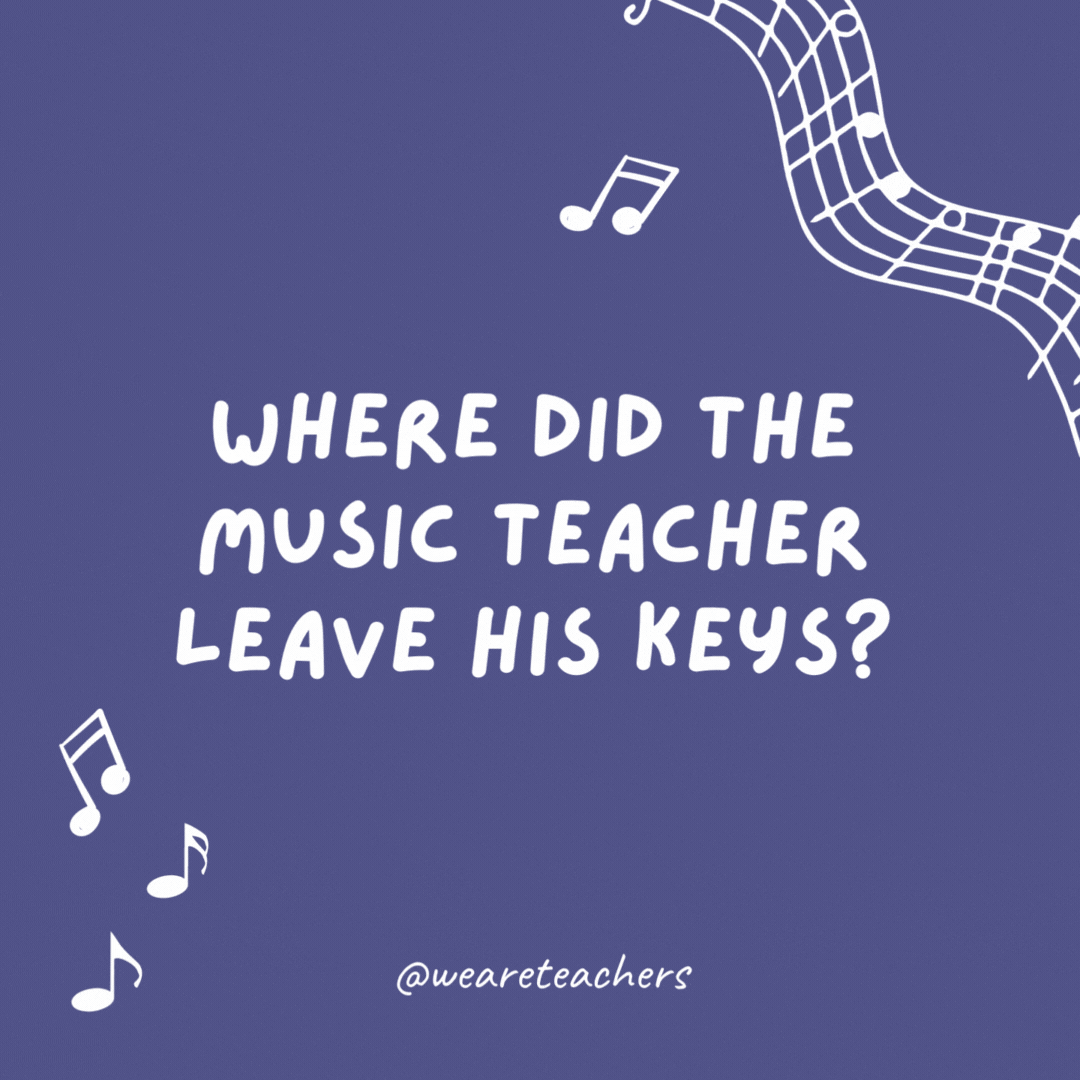 Where did the music teacher leave his keys? 

In the piano.- music jokes