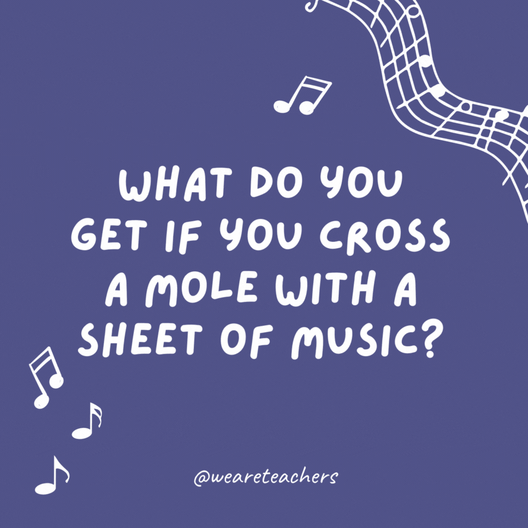 What do you get if you cross a mole with a sheet of music? 

A mole-ody.
