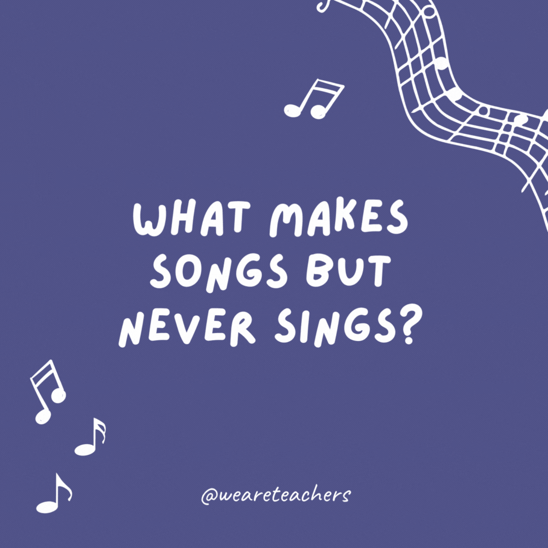 Music jokes: What makes songs but never sings? Notes.