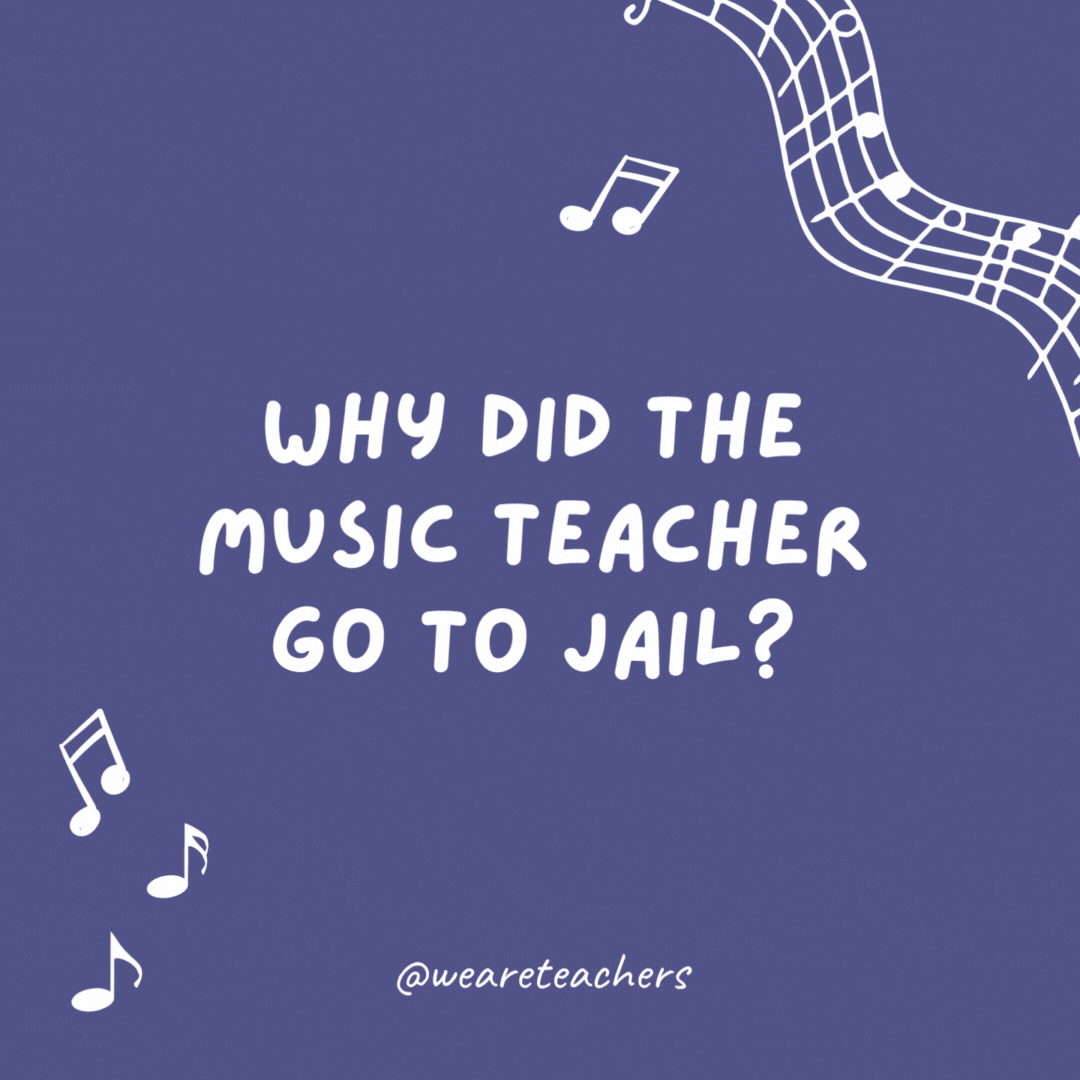 Why did the music teacher go to jail?

Because she got caught with a-sharp object.