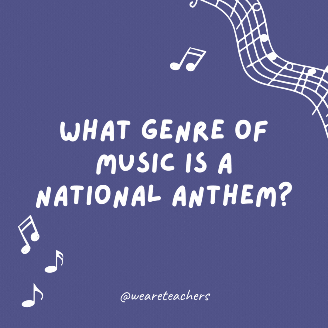 Example of music jokes for kids: What genre of music is a national anthem? Country music.