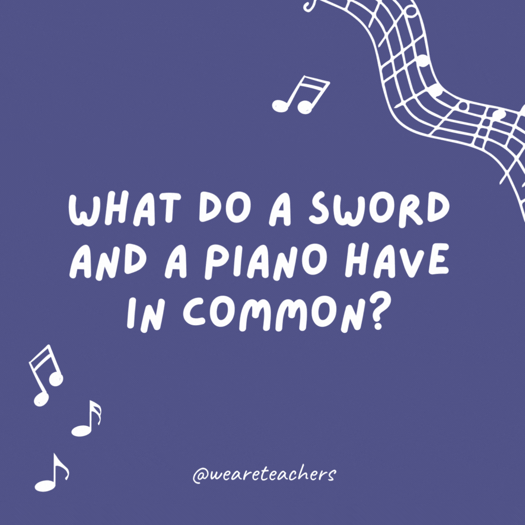 Music jokes: What do a sword and a piano have in common? They can both B sharp.