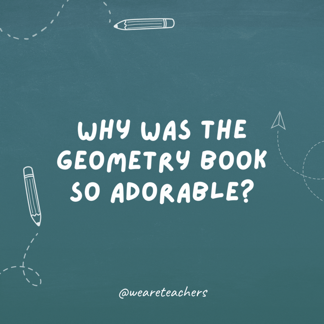 Why was the geometry book so adorable? Because it had acute angles.