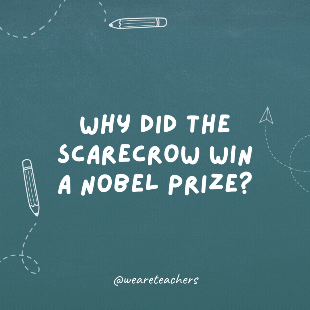 Why did the scarecrow win a Nobel Prize? For being out standing in his field.