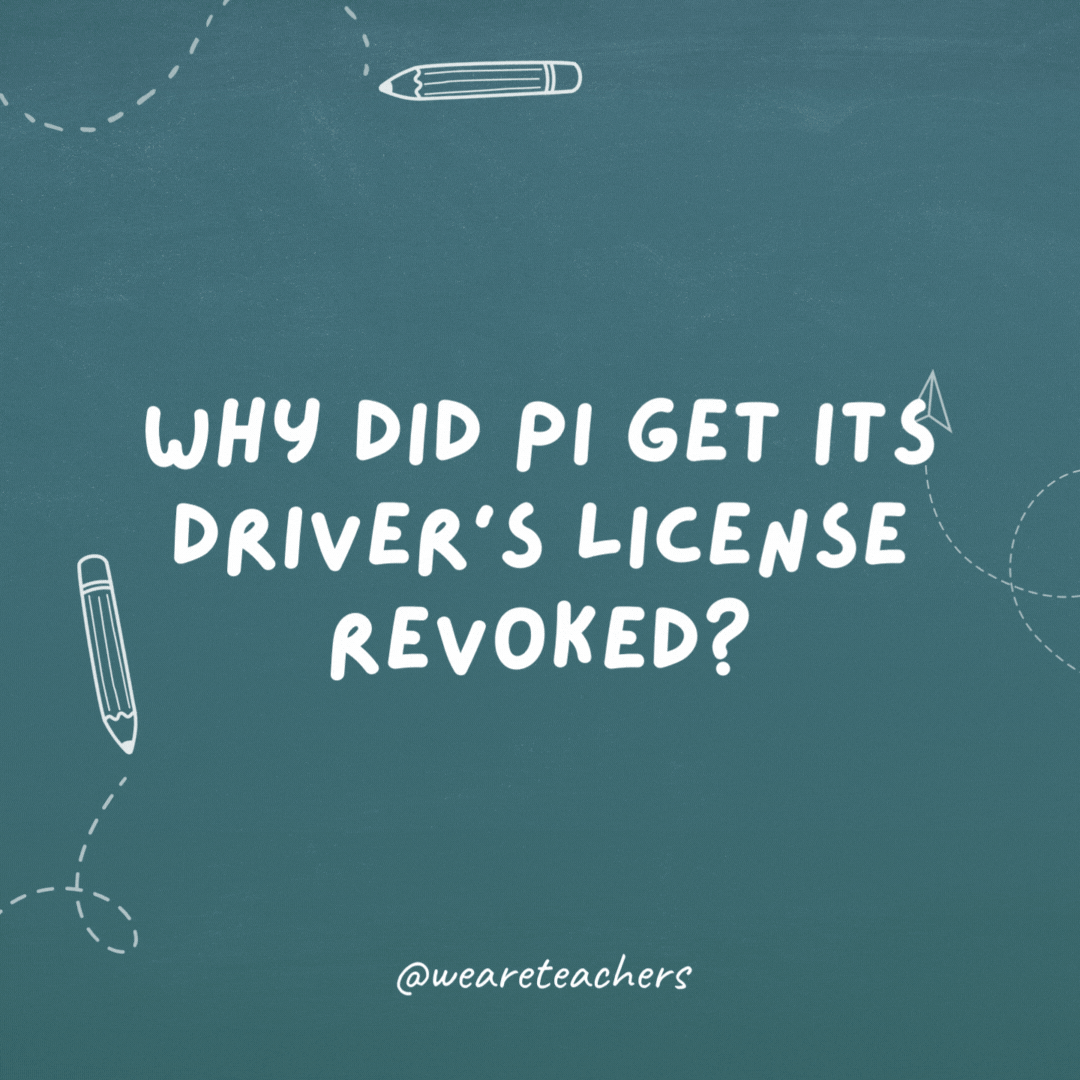 Why did Pi get its driver's license revoked? Because it didn't know when to stop.- teacher jokes