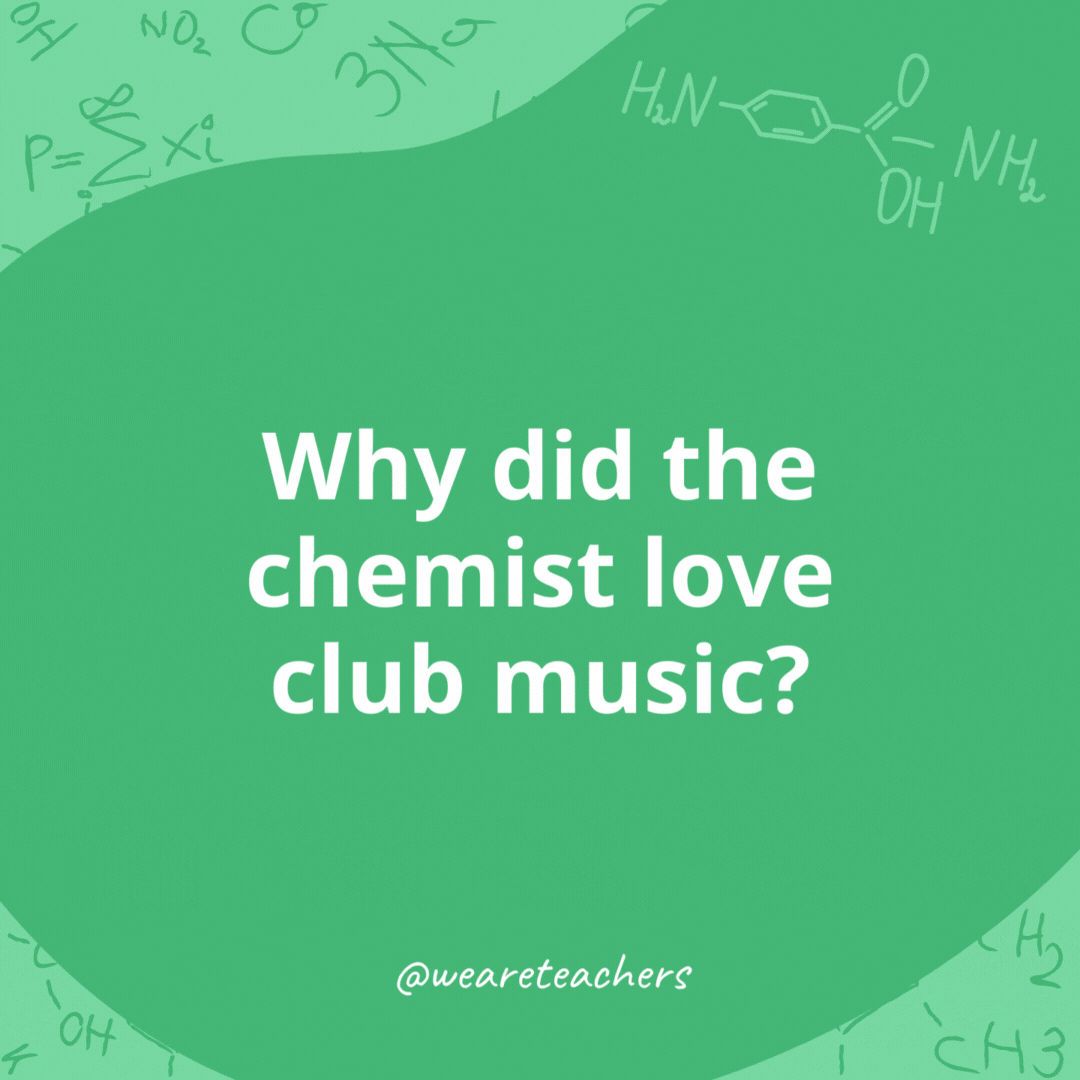 Why did the chemist love club music? 

They love when the base drops.- chemistry jokes