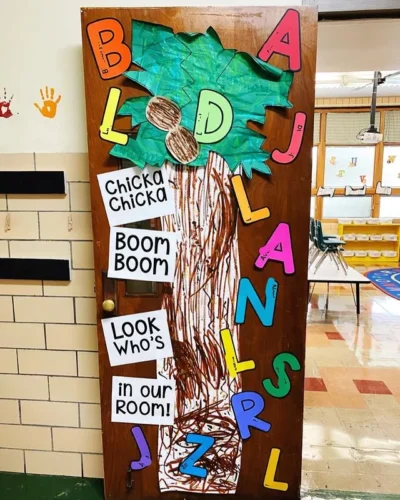 chicka chicka boom boom inspired classroom door decoration. coconut tree with alphabet letters