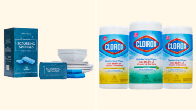 Examples of classroom cleaning supplies including Clorox wipes and microfiber cleaning towels.