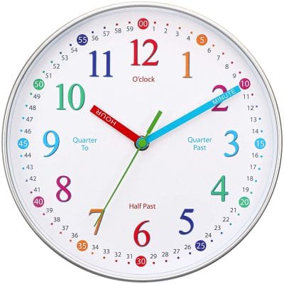 Clock with colored numbers and numbers labelling every 15 minutes.