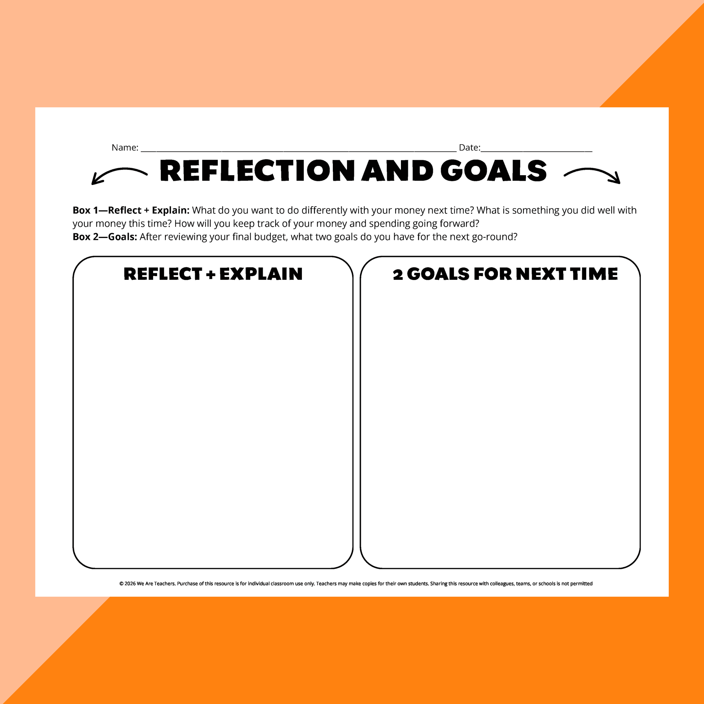 Image of the reflection and goals worksheet.