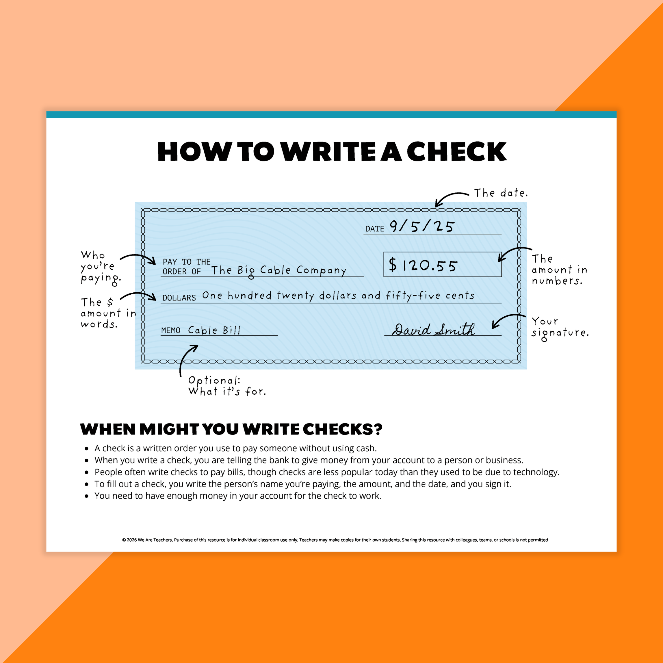 Image of a worksheet showing how to correctly fill out a check.