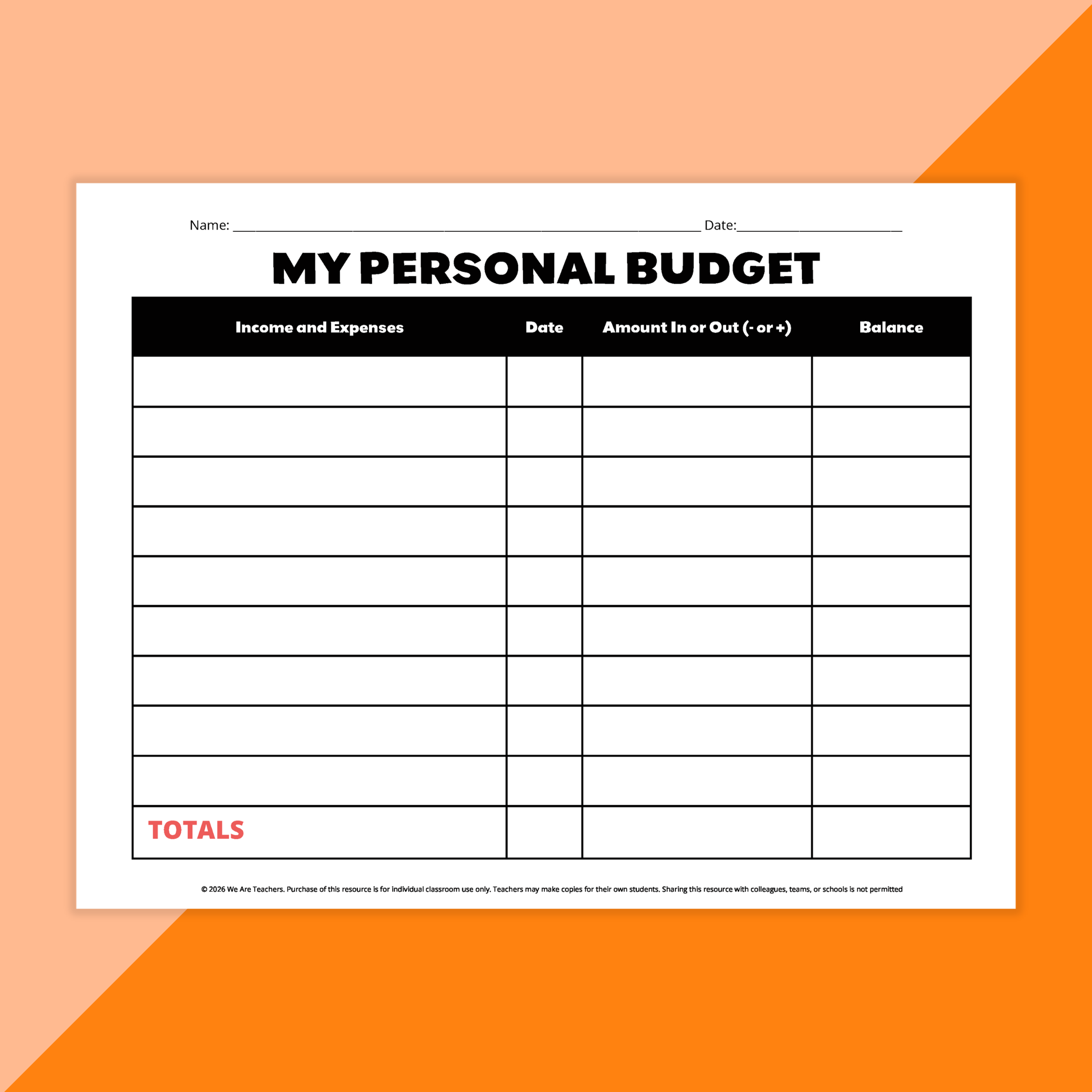 Image of the my personal budget worksheet.