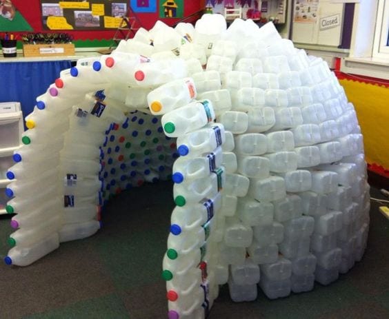 Classroom igloo made of milk jugs.