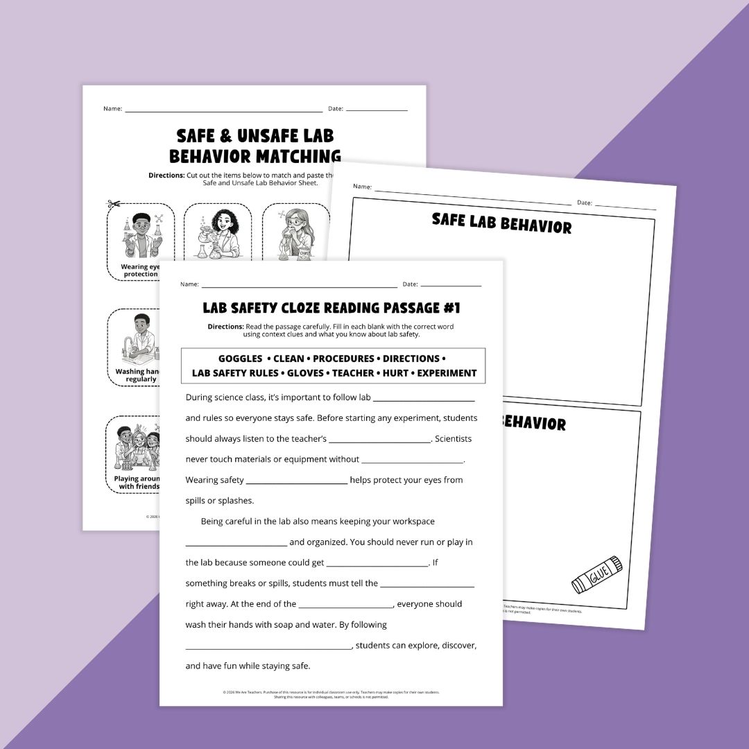 Images of different lab safety worksheet activities.