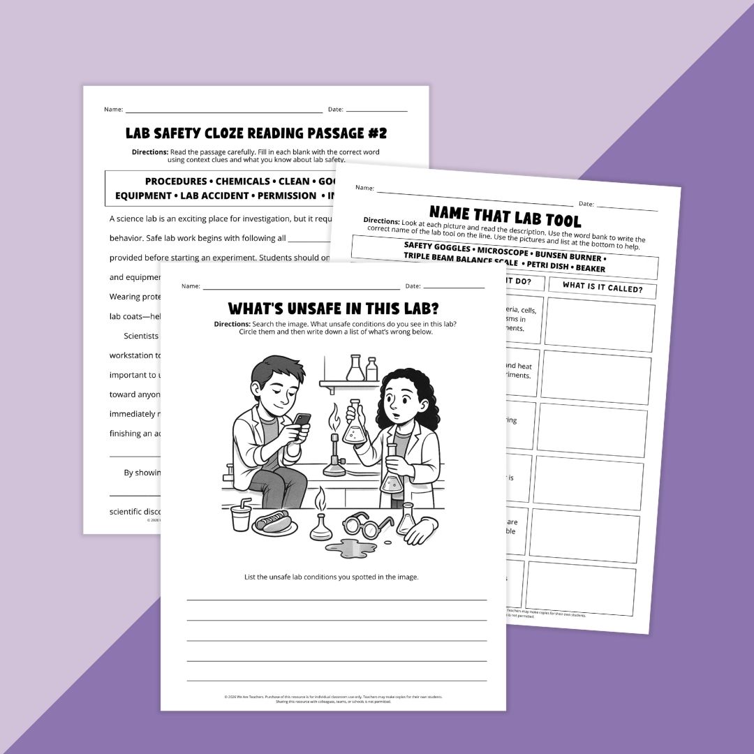 Images of classroom lab safety worksheets.