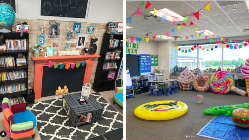 Two brightly colored classroom libraries