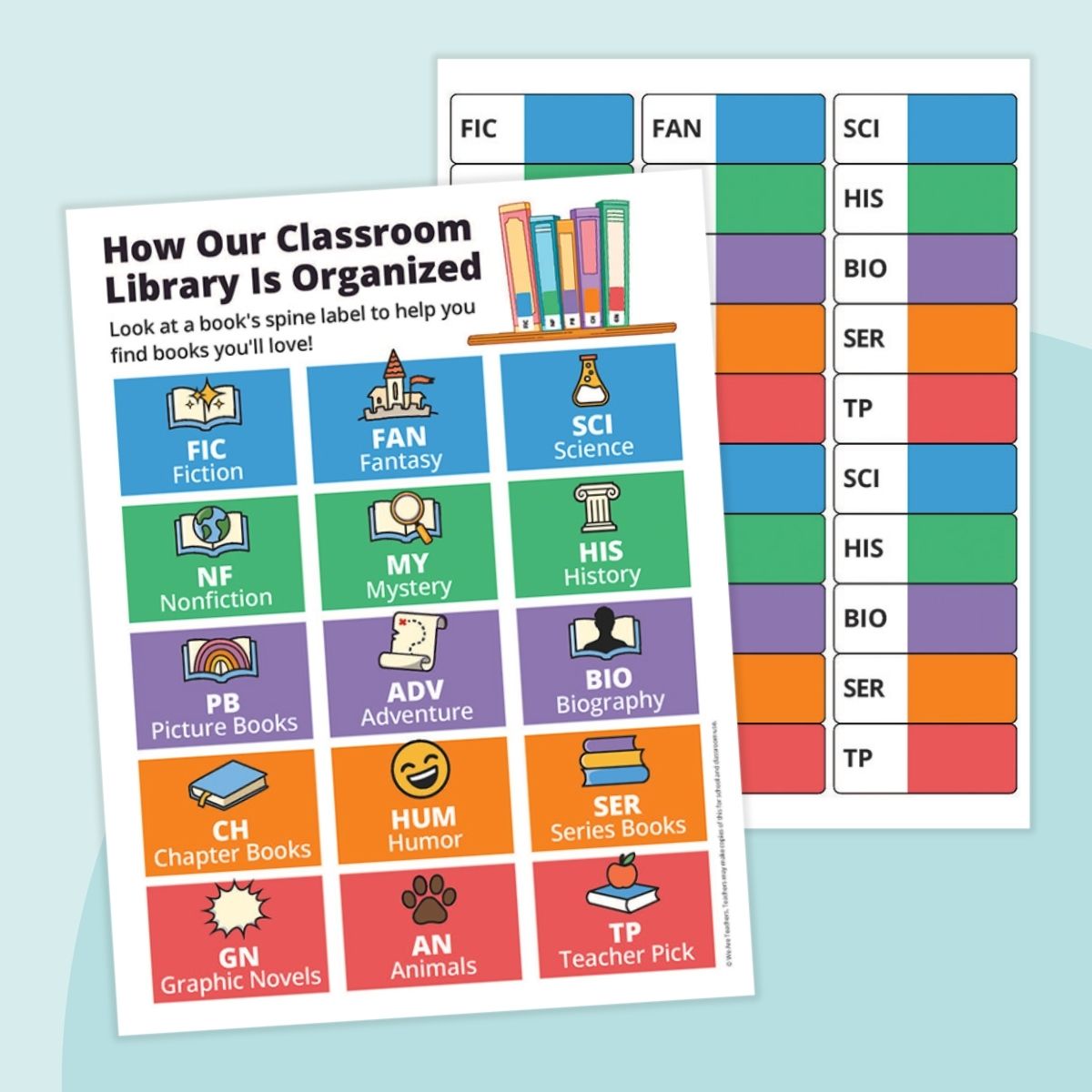 Image of the classroom library poster and classroom library labels.