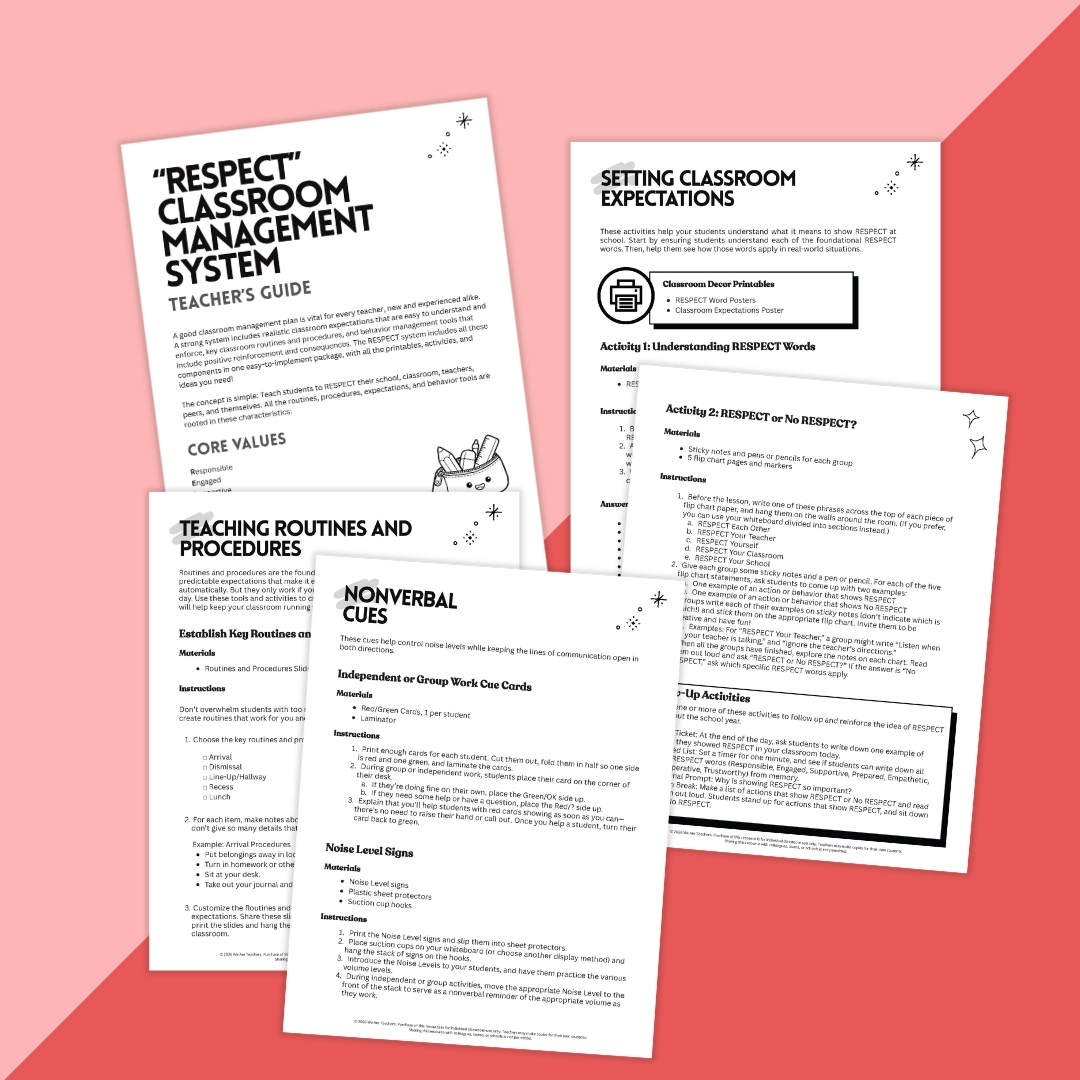Images of pages from the RESPECT Classroom Management System Bundle.