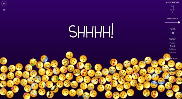 Yellow emojis are piled at the bottom of a purple screen with Shhhhh! in the middle